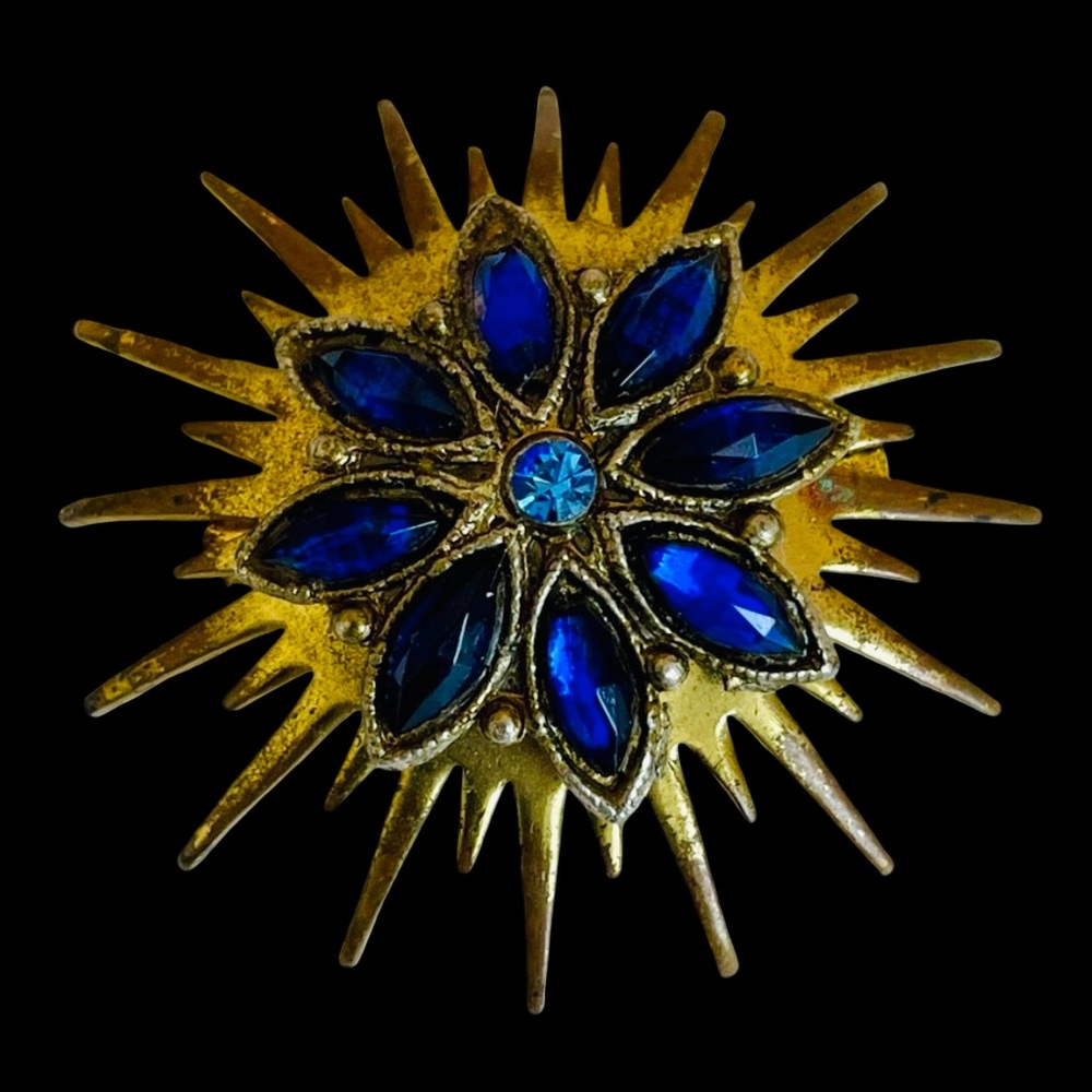 Vintage Art Deco Goldtone Atomic Starburst Brooch With Sapphire Rhinestones